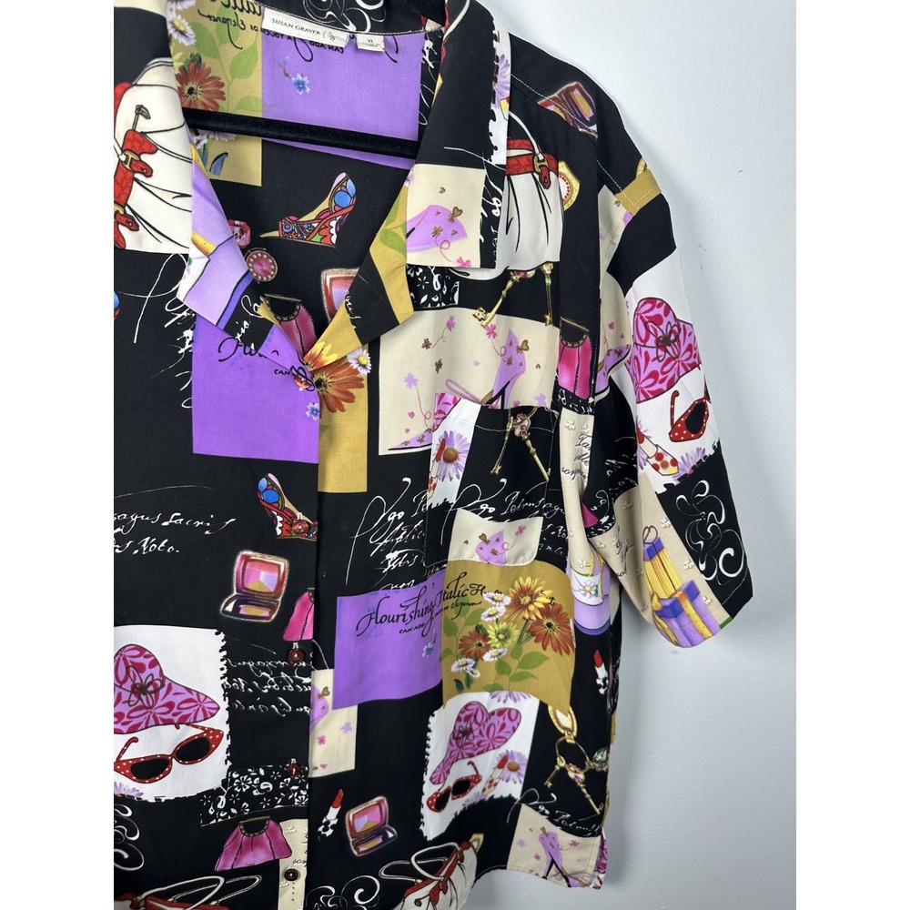 Susan Graver XL Womens Top Button Short Sleeve Girly Makeup Patch Design Colors - Picture 10 of 13